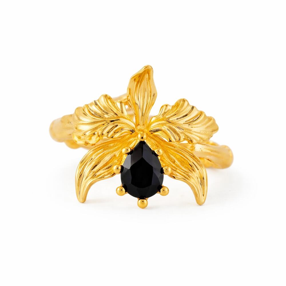 Les Nereides‎ Paris Orchid Adjustable Ring Black Crystal Gold Plate